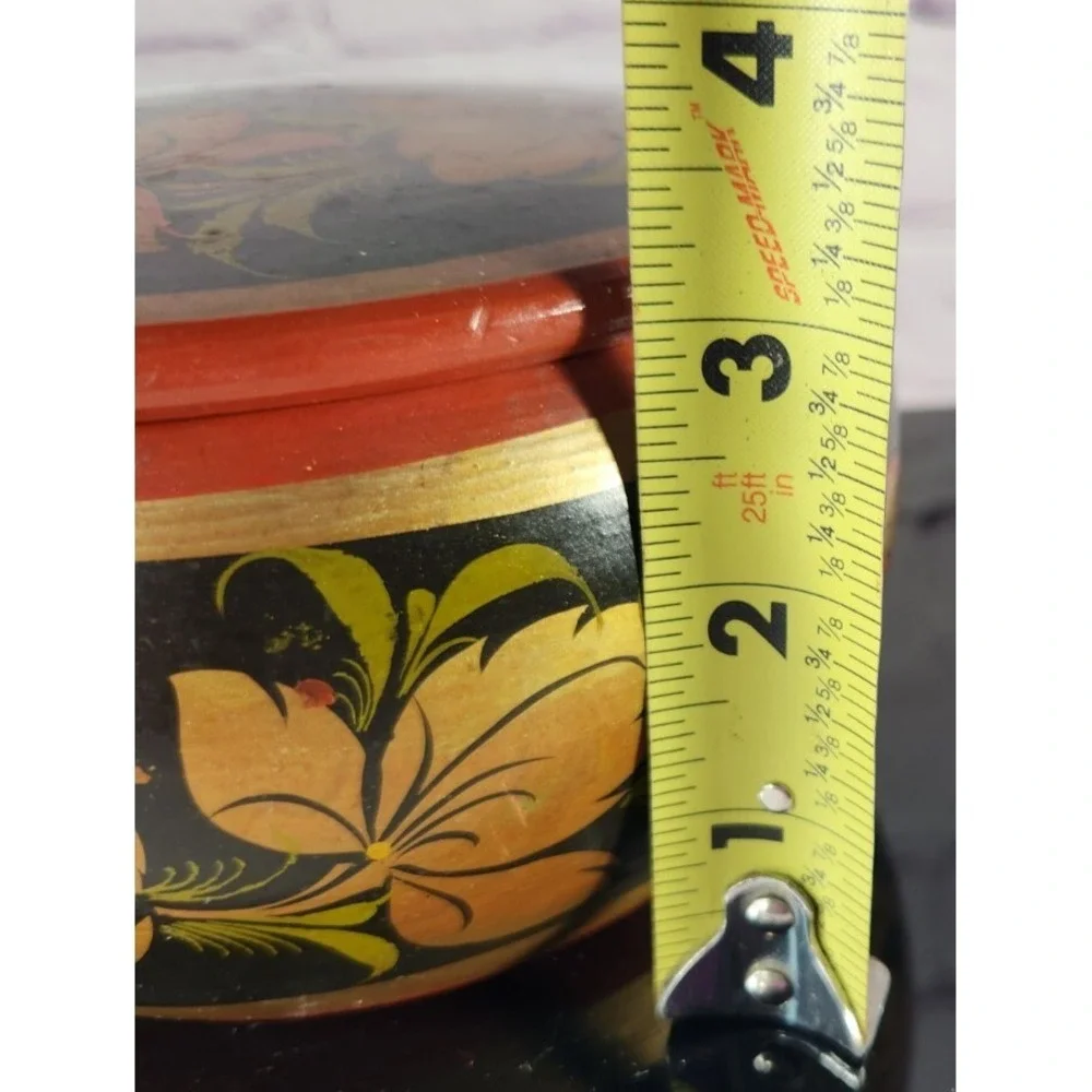Russian Handcrafted Laquer Wood Floral Painted Trinket Box Vintage